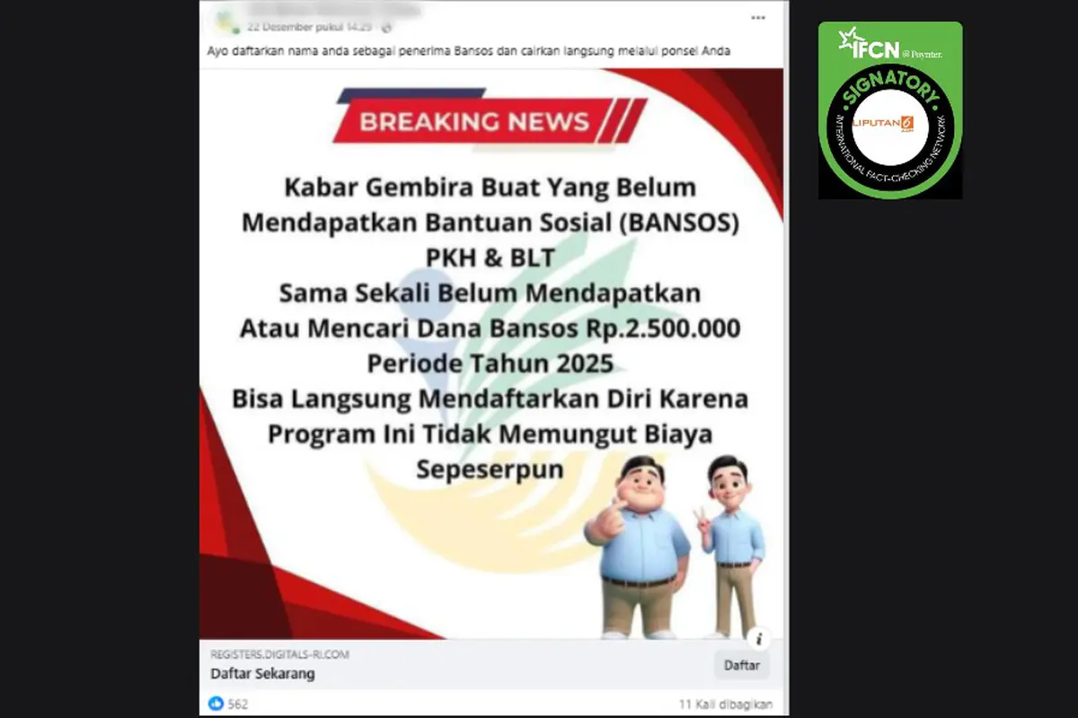 Tangkapan klaim link pendaftaran untuk mendapatkan bansos PKH yang beredar di Facebook.