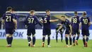 Pemain Dinamo Zagreb Mislav Orsic (ketiga kanan) melakukan selebrasi usai mencetak gol ke gawang Tottenham Hotspur pada pertandingan leg kedua babak 16 besar Liga Europa di Stadion Maksimir, Zagreb, Kroasia (18/3/2021). Tottenham kalah 0-3, sehingga agregat 2-3. (AP Photo/Darko Bandic)