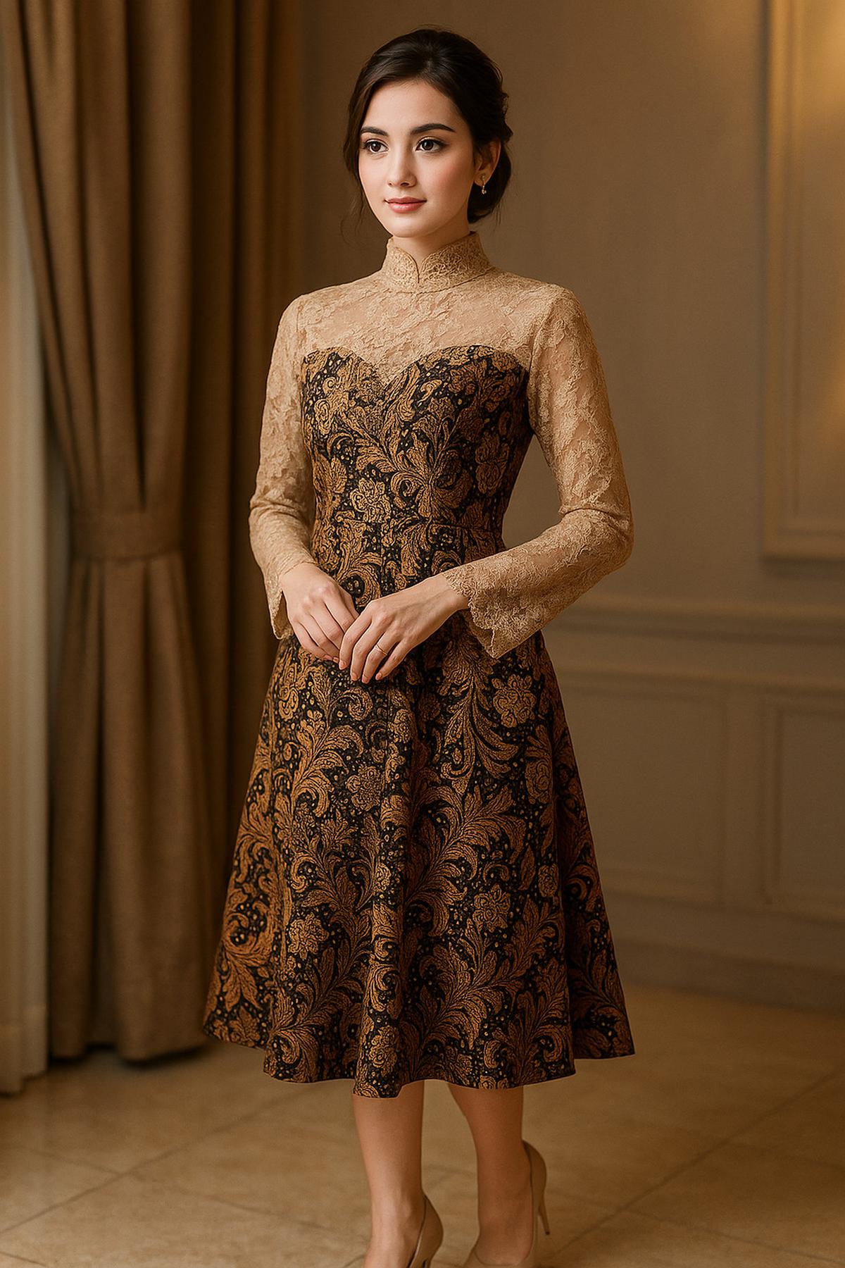 Ilustrasi Dress Batik Kombinasi Brokat Lengan Panjang