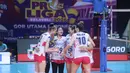 Tim putri Jakarta Livin' Mandiri merayakan kemenangan atas Jakarta Pertamina Enduro dalam lanjutan putaran kedua Proliga 2026 di GOR Utama, Bojonegoro, Jumat (13/2/2026). (Dok. PBVSI)