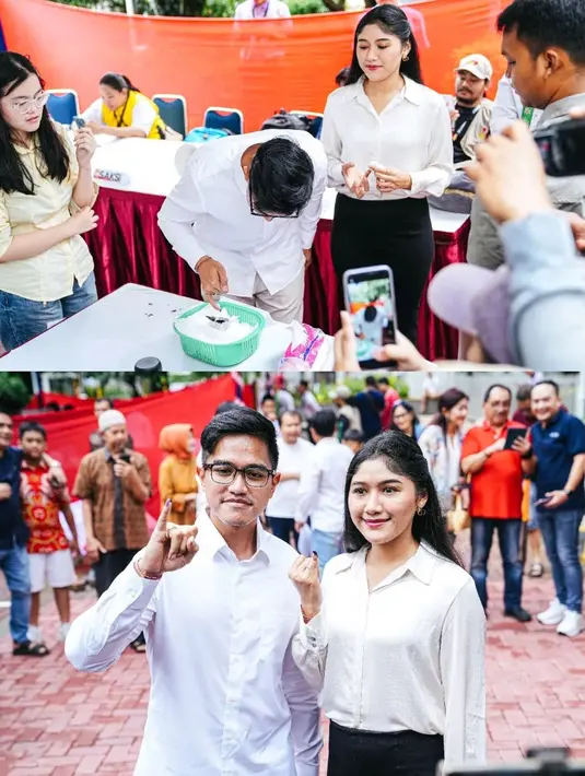 Kontras dengan kakak ipar, Erina Gudono memberikan kesan looks yang profesional dengan padu padan kemeja putih dan celana panjang hitam saat nyoblos di TPS 063 Apartemen Taman Rasuna.  [Instagram: @psi_id/@erinagudono].