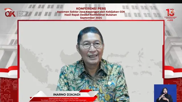 Kepala Eksekutif Pengawas Pasar Modal, Keuangan Derivatif, dan Bursa Karbon OJK Inarno Djajadi saat konferensi pers RDKB September 2024, Selasa (1/10/2024). (Foto: Liputan6.com/Tira Santia)