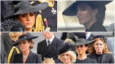 Kolase foto Putri Wales Kate Middleton dan Duchess of Sussex Meghan Markle saat prosesi pemakaman Ratu Elizabeth II di London, Inggris, 19 September 2022. Kehadiran Kate Middleton dan Meghan Markle pada prosesi pemakaman Ratu Elizabeth II menjadi sorotan. (AP Photo/Martin Meissner/Markus Schreiber, Pool)