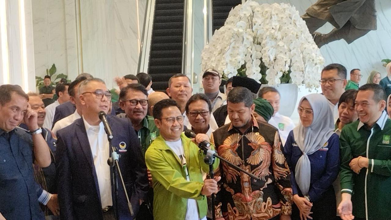 Ketua Umum Partai Kebangkitan Bangsa (PKB) Muhaimin Iskandar mendatangi Gedung DPP NasDem Tower, Jakarta.