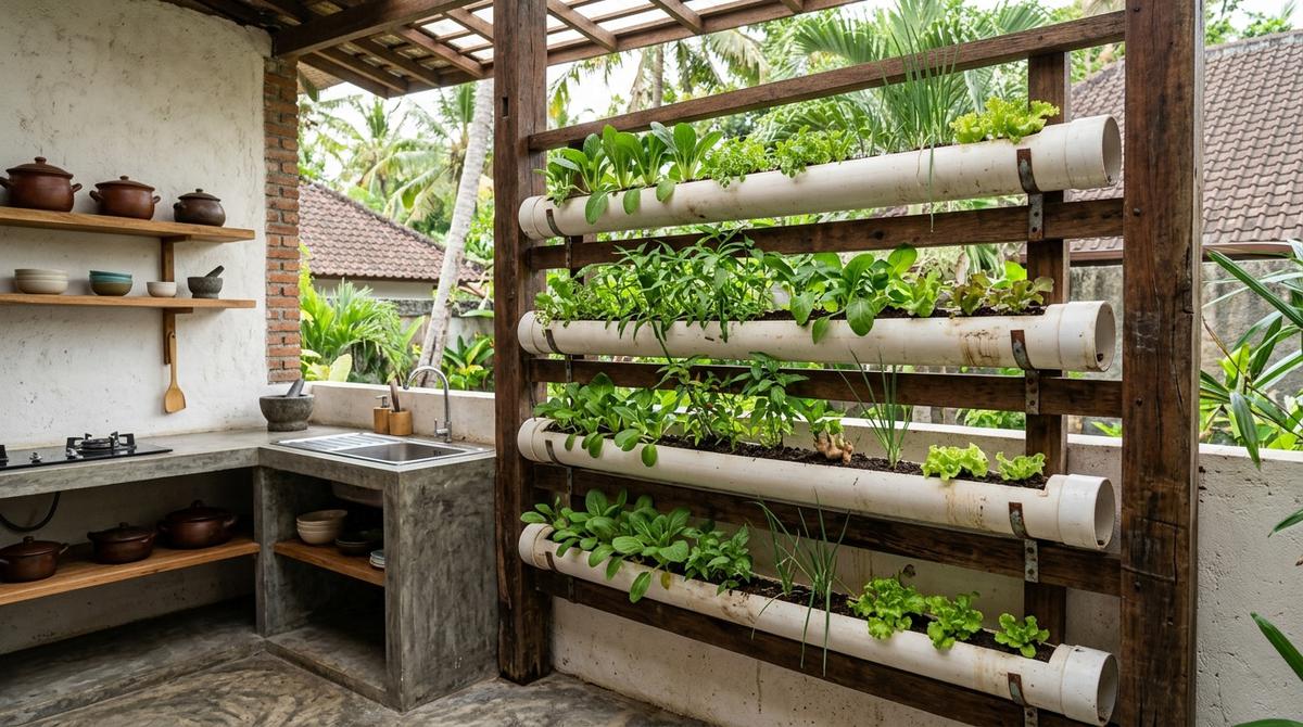Ide Kebun Sayur Vertikal dari Paralon Bekas di Dapur Terbuka