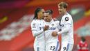 Para pemain Leeds United merayakan gol yang dicetak oleh Jack Harrison ke gawang Liverpool pada laga Premier League di Stadion Anfield, Minggu (13/9/2020). Liverpool menang dengan skor 4-3. (Shaun Botterill, Pool via AP)