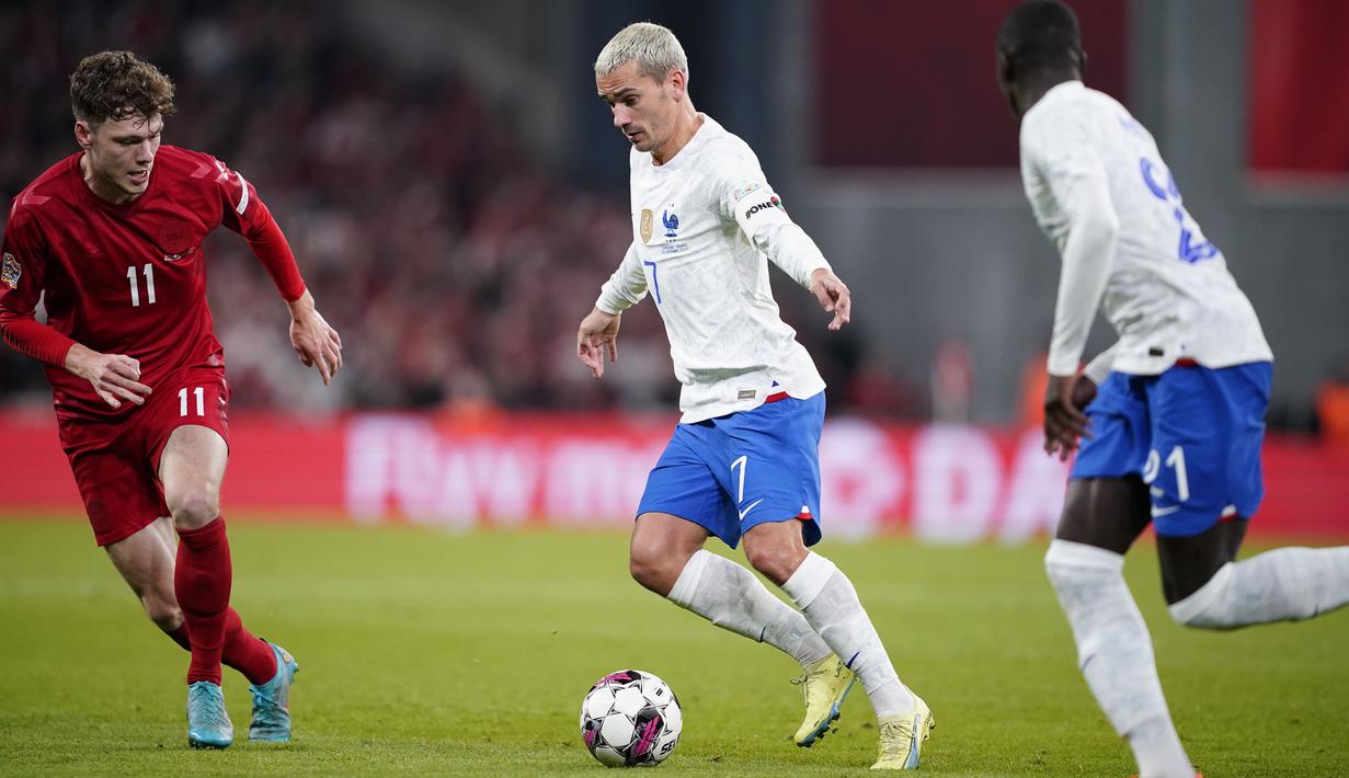 Laju Les Blues di UEFA Nations League memang buruk. Mereka cuma menang sekali, dua kali imbang, dan tiga kali kalah di turnamen yang semestinya menjadi persiapan terbaik menuju Piala Dunia 2022 pada November mendatang. (Liselotte Sabroe/Ritzau Scanpix via AP)