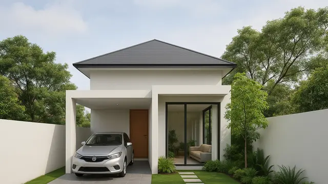 Desain Rumah 9x9 Modern Minimalis Lengkap dengan Taman dan Carport