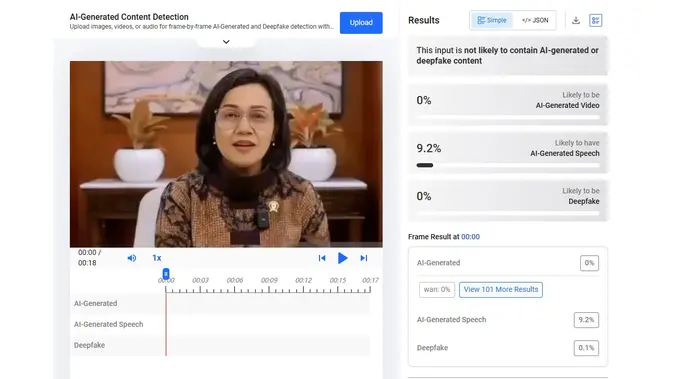 Audio dari klaim Sri Mulyani mengumumkan dana bantuan Rp 60 juta menunjukkan hasil AI. (Foto: tangkapan layar Hive Moderation)