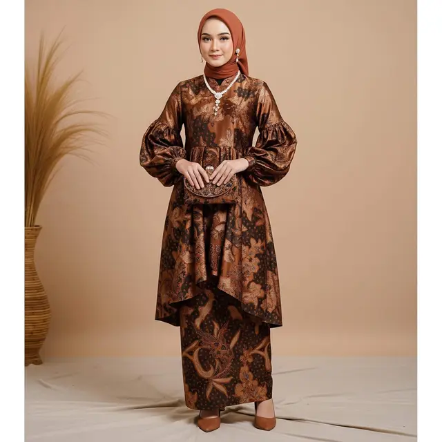 Gamis Batik Earthy Tone Kombinasi Lengan Balon Modern 2025