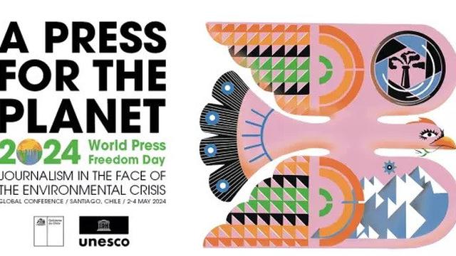 Poster resmi konferensi World Press Freedom Day 2024 di Centro Cultural Gabriela Mistral, Santiago, Chili pada 3-4 Mei 2024.