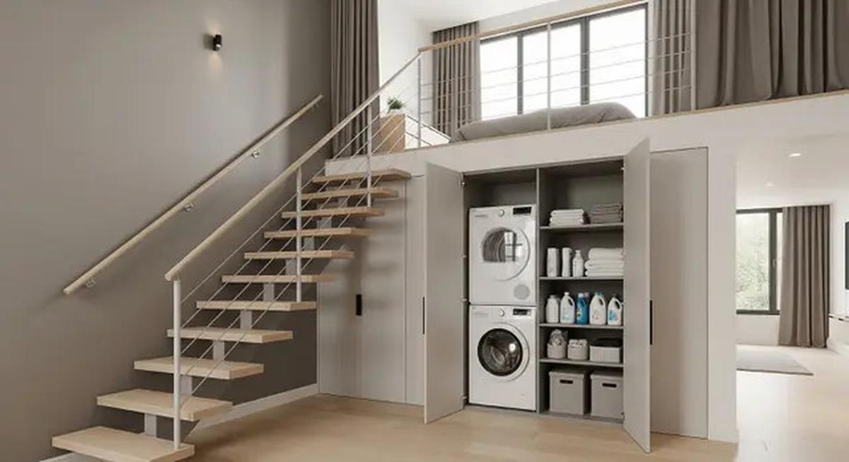 8 Inspirasi Rumah Kecil Mezzanine dengan Area Laundry Tersembunyi di Bawah Tangga