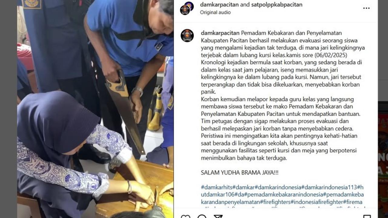 Jari Kelingking Siswi Nyangkut di Lubang Kursi, Damkar Turun Tangan sampai Pakai Gergaji