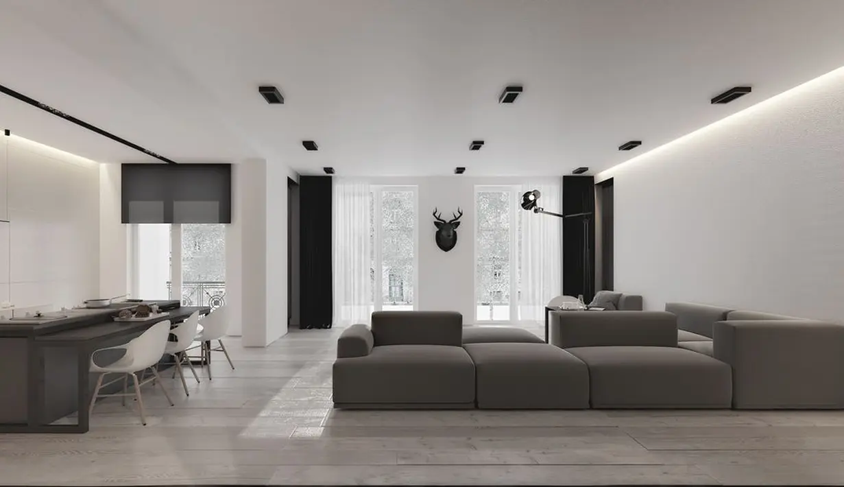 Monokrom tidak melulu hitam dan putih. Penggunaan warna turunan seperti abu-abu memberikan nuansa yang lebih luwes.(home-designing.com)