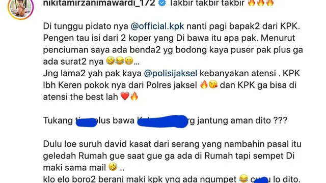 Unggahan Nikita Mirzani soal penasaran dengan isi dua koper yang dibawa petugas KPK usai menggeledah rumah Dito Mahendra. (Foto: Dok. Instagram @nikitamirzanimawardi_172)