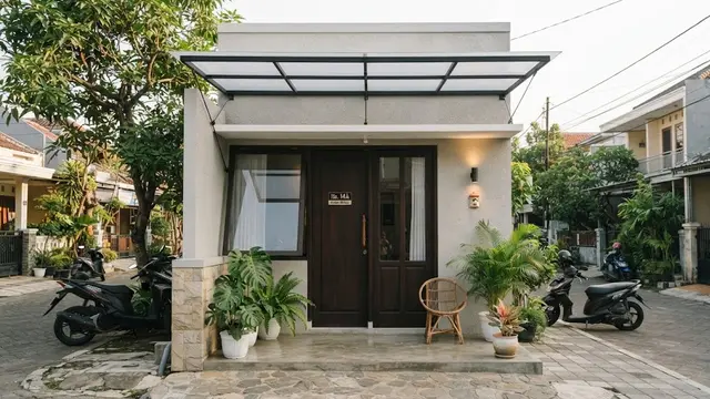 Ide kanopi rumah mungil yang tidak membuat tampilan fasad terasa penuh model dengan rangka tipis