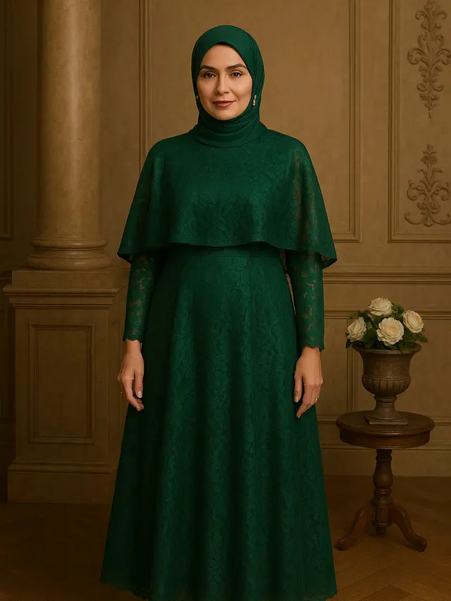 Model Gamis Brokat Warna Emerald Green 2025 untuk Usia 45 Tahun