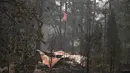 Sebuah bendera Amerika terlihat di atas properti yang terbakar dalam Kebakaran Dixie Fire di daerah Air Terjun India di Plumas County, California (26/7/2021). Api menghanguskan beberapa tempat tinggal di daerah tersebut. (AFP/Robyn Beck)