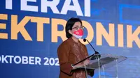 Menteri Keuangan RI, Sri Mulyani Indrawati meresmikan peluncuran e-meterai pada Jumat (1/10) di Kantor Pusat DJP, Jakarta