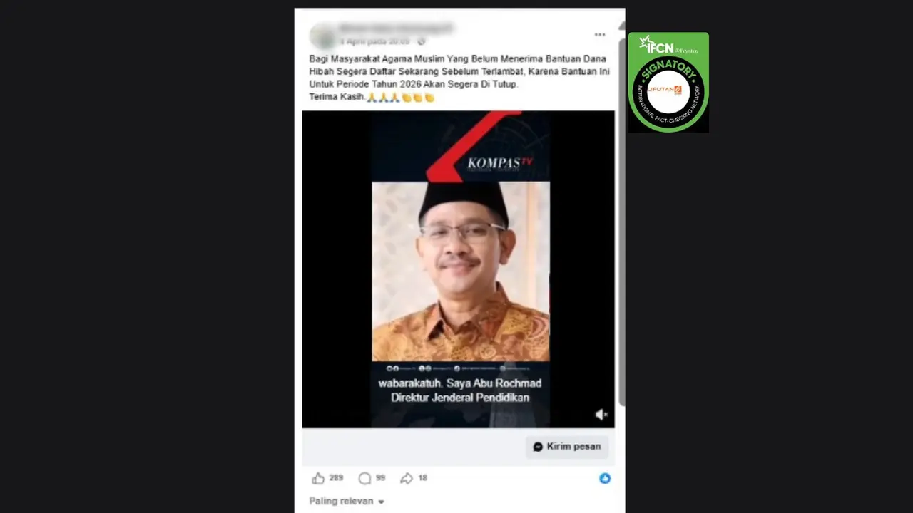 Cek Fakta Liputan6.com mendapati klaim video Dirjen Bimas Islam Kemenag Abu Rokhmad menyampaikan bantuan dana hibah dari Arab Saudi untuk 500 penerima.