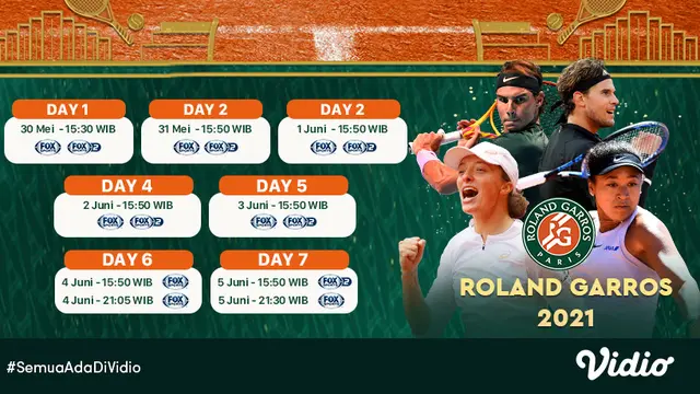 Live Streaming Grand Slam Tennis Roland Garros di FOX Sports Eksklusif Melalui Vidio Pekan Ini