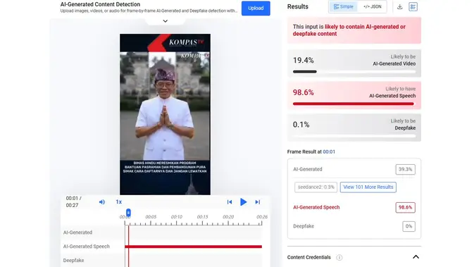 Video klaim Dirjen Bimas Hindu mengumumkan bantuan umat dan pembangunan pura menunjukkan hasil AI. (Foto: tangkapan layar Hive Moderation)