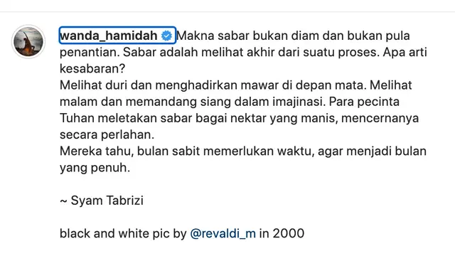 Unggahan Wanda Hamidah. (Foto: Dok. Instagram @wanda_hamidah)