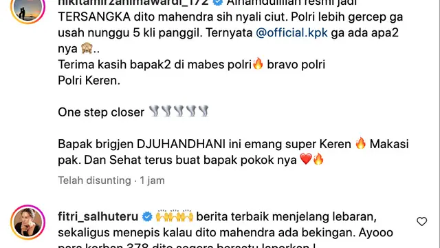 Cuitan Nikita Mirzani soal Dito Mahendra jadi tersangka dugaan senjata api ilegal. (Foto: Dok. Instagram @nikitamirzanimawardi_172)