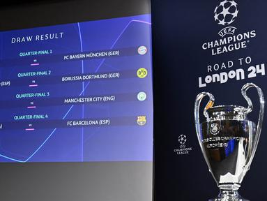 Hasil pengundian ditampilkan di dekat trofi saat pengundian perempat final dan semifinal Liga Champions 2023-2024 di House of European Football di Nyon, pada 15 Maret 2024. (Fabrice COFFRINI/AFP)
