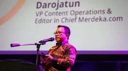 Editor in Chief, Darojatun memberikan sambutan saat Perayaan Hari Jadi dan Grand Launching Logo Baru Merdeka.com yang berlangsung di SCTV Tower, Senayan, Jakarta, Selasa (21/02/2023). (Bola.com/Bagaskara Lazuardi)