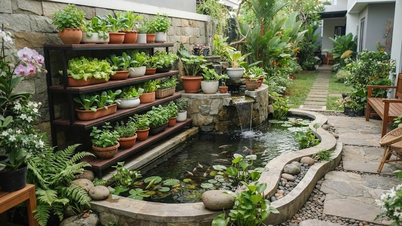 Kolam Bertingkat dengan Rak Tanaman (AI Generated)