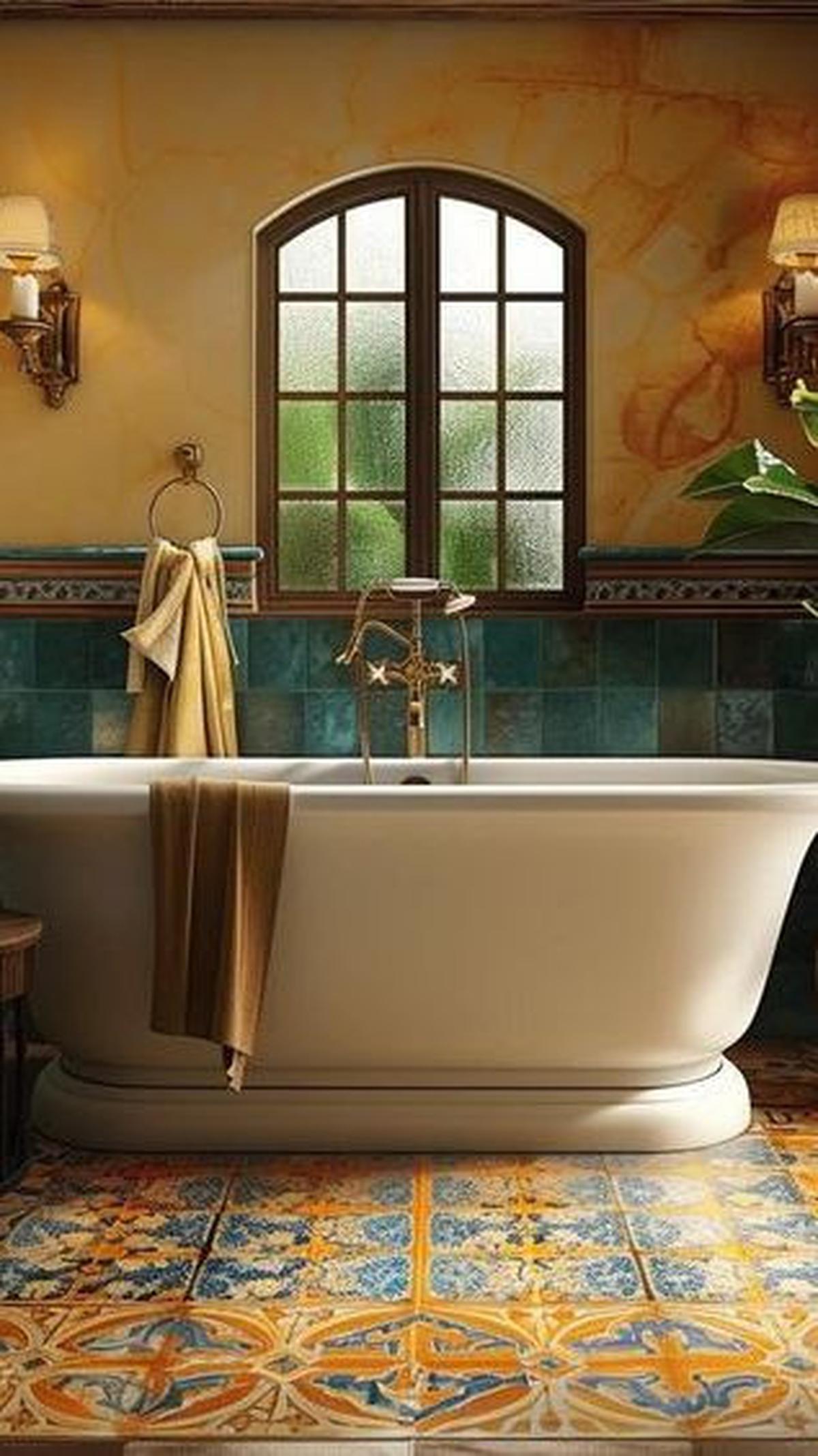 9. Desain Kamar Mandi Mediterania dengan Pattern Tiles<br>