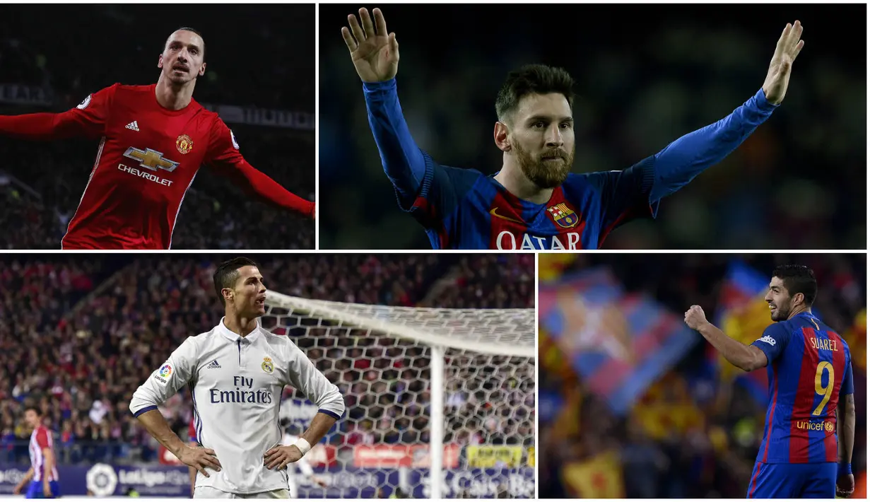 Berikut ini Lionel Messi dan 9 pencetak gol terbanyak di liga top Eropa (Italia, Inggris, Spanyol, Prancis dan Jerman) pada tahun 2016. (AFP-Reuters)