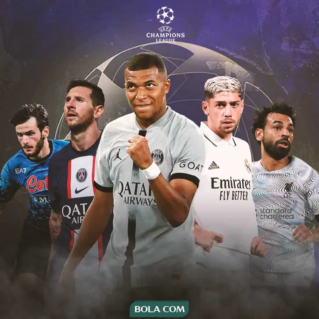 Liga Champions - Khvicha Kvaratskhelia, Lionel Messi, Kylian Mbappe, Fede Valverde, Mohamed Salah