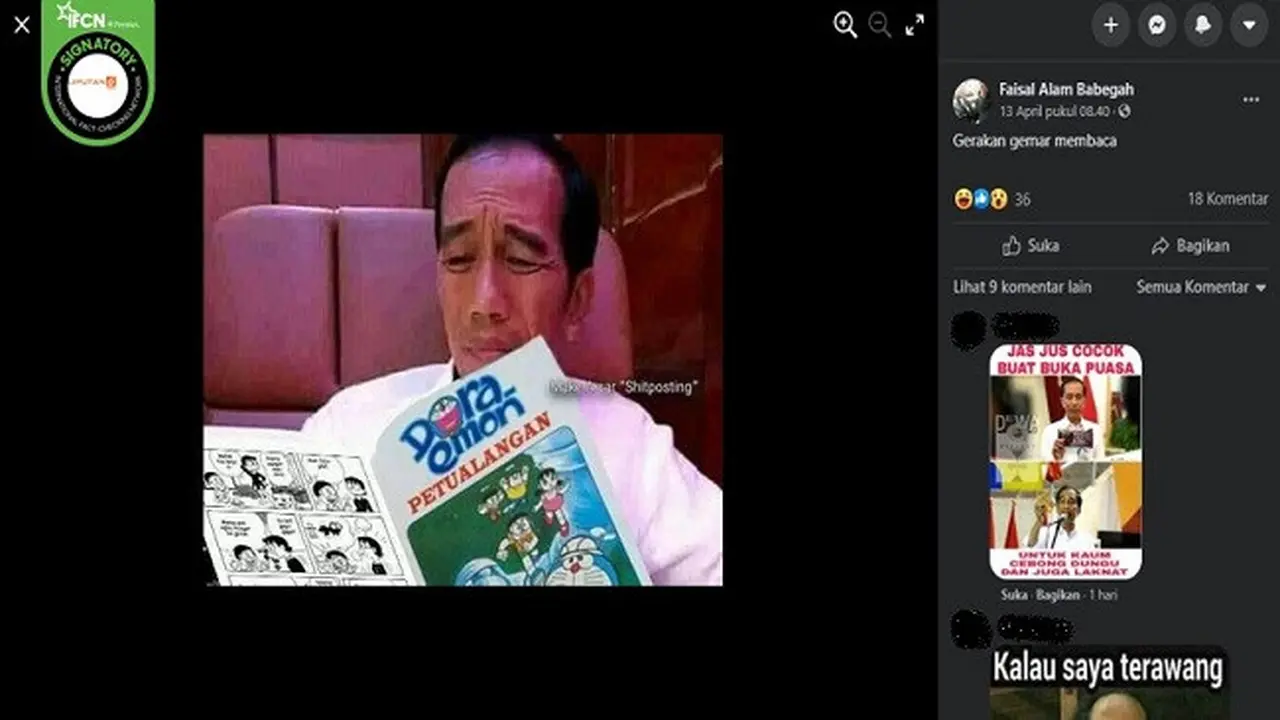 Gambar Tangkapan Layar Foto yang Diklaim Jokowi Membaca Komik Doraemon (sumber: Facebook)
