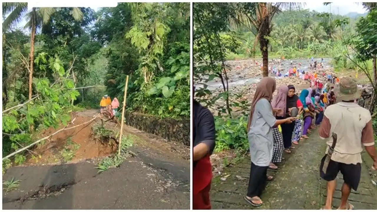 Viral Momen Warga Gotong Royong Jalan yang Longsor