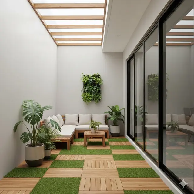 Teras rumah dengan Dek Kayu dengan Rumput Sintetis (Gemini AI)