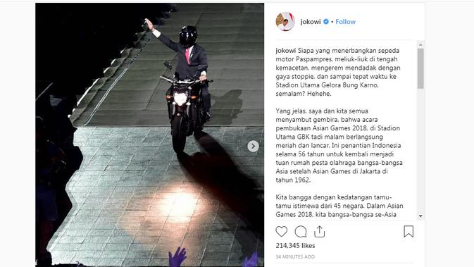 Aksi Jokowi naik moge di upacara pembukaan Asian Games 2018. [foto: instagram/jokowi]
