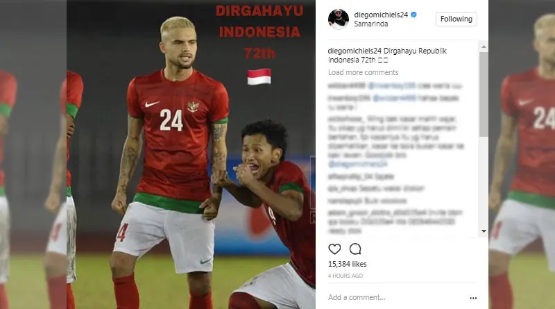 Gegap gempita peringatan hari Kemerdekaan Republik Indonesia ke-72 dirasakan oleh sejumlah pemain naturalisasi yang pernah membela Timnas Indonesia, contohnya Diego Michiels. (instagram.com/diegomichiels24)