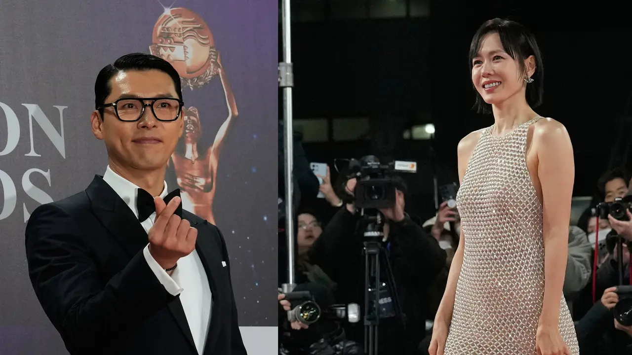 Hyun Bin dan Son Ye Jin di Blue Dragon Film Awards 2025 di Seoul, Korea Selatan. (dok. AP Photo/Ahn Young-joon)