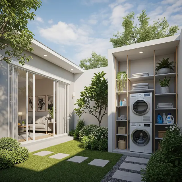 Contoh Rumah Kecil Type 30 dengan Taman Belakang dan Sudut Laundry yang Rapi