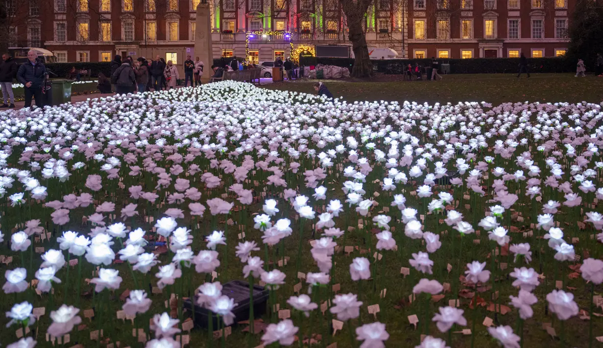 Pengunjung dapat menyumbang untuk mendedikasikan sekuntum mawar guna mengenang orang yang dicintai yang telah tiada dan mendukung Royal Marsden Cancer Charity. (AP Photo/Vadim Ghirda)