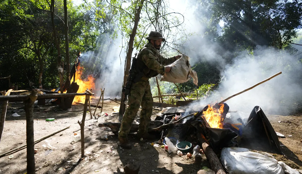 Seorang perwira pasukan keamanan SENAD Paraguay menuangkan dari karung ganja yang dipanen ke dalam api sebagai bagian dari operasi yang diciptakan Aliansi Baru XXXII di Koloni Maria Auxiliadora departemen Amambay di Paraguay utara (24/5/2022). (AP Photo/Jorge Saenz)