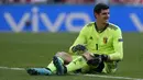 Thibaut Courtois. Kiper utama Belgia milik Real Madrid berusia 29 tahun ini telah tampil 2 kali dengan kebobolan 1 gol. Harganya sama persis dengan Gianluigi Donnarumma, yaitu 60 juta euro. (Foto: AP/Pool/Martin Meissner)