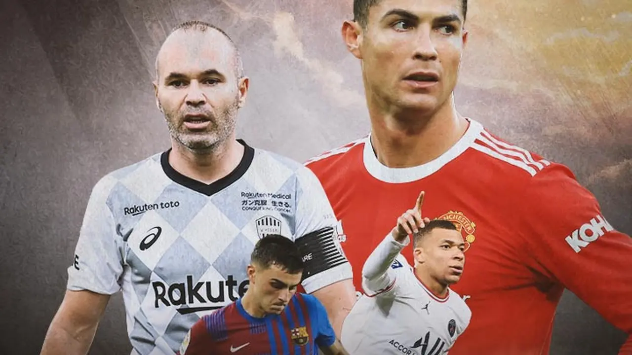 Ilustrasi - Andres Iniesta, Pedri, Cristiano Ronaldo, Kylian Mbappe