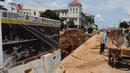 Pekerja menyelesaikan proyek pembangunan flyover perlintasan kereta api di Bintaro, Jakarta, Minggu (19/3). Flyover ini dibangun untuk mengatasi kemacetan di perlintasan kereta api tersebut. (Liputan6.com/Helmi Afandi)