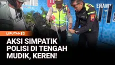 Aksi humanis ditunjukkan jajaran Satlantas Polres Klaten, Jawa Tengah, saat membantu seorang pemudik yang mengalami kendala di perjalanan, Minggu sore. Petugas membantu mendorong sepeda motor yang mogok akibat kehabisan bensin, bahkan mengisikan baha...
