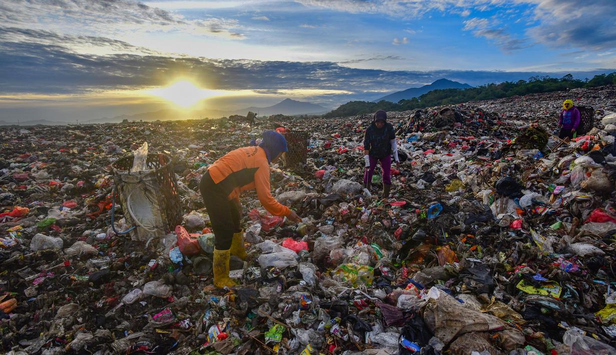 Warga yang berprofesi sebagai pemulung mengumpulkan sampah plastik dengan latar belakang Gunung Gede-Pangrango di Tempat Pembuangan Akhir Galuga, Bogor, Kamis (6/11/2025). Arahan ini bertujuan untuk mencegah pencemaran lingkungan dan penyebaran mikroplastik. (merdeka.com/Arie Basuki)