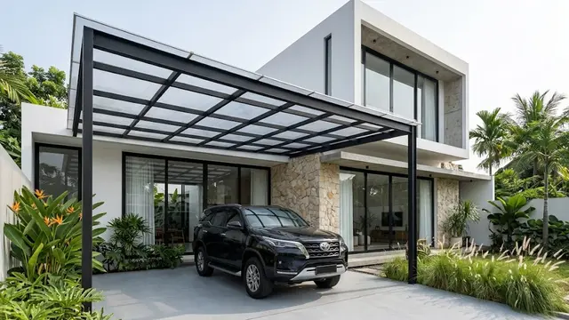 Carport Industrial dengan Rangka Besi Hollow Hitam dan Atap Polycarbonate
