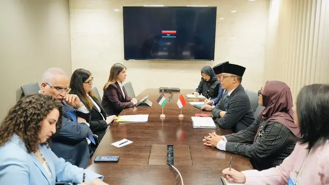 Menlu RI Sugiono melakukan pertemuan bilateral dengan Menteri Luar Negeri dan Ekspatriat Palestina Varsen Aghabekian Shahin di Jenewa, Swiss, Senin (23/2/2026).